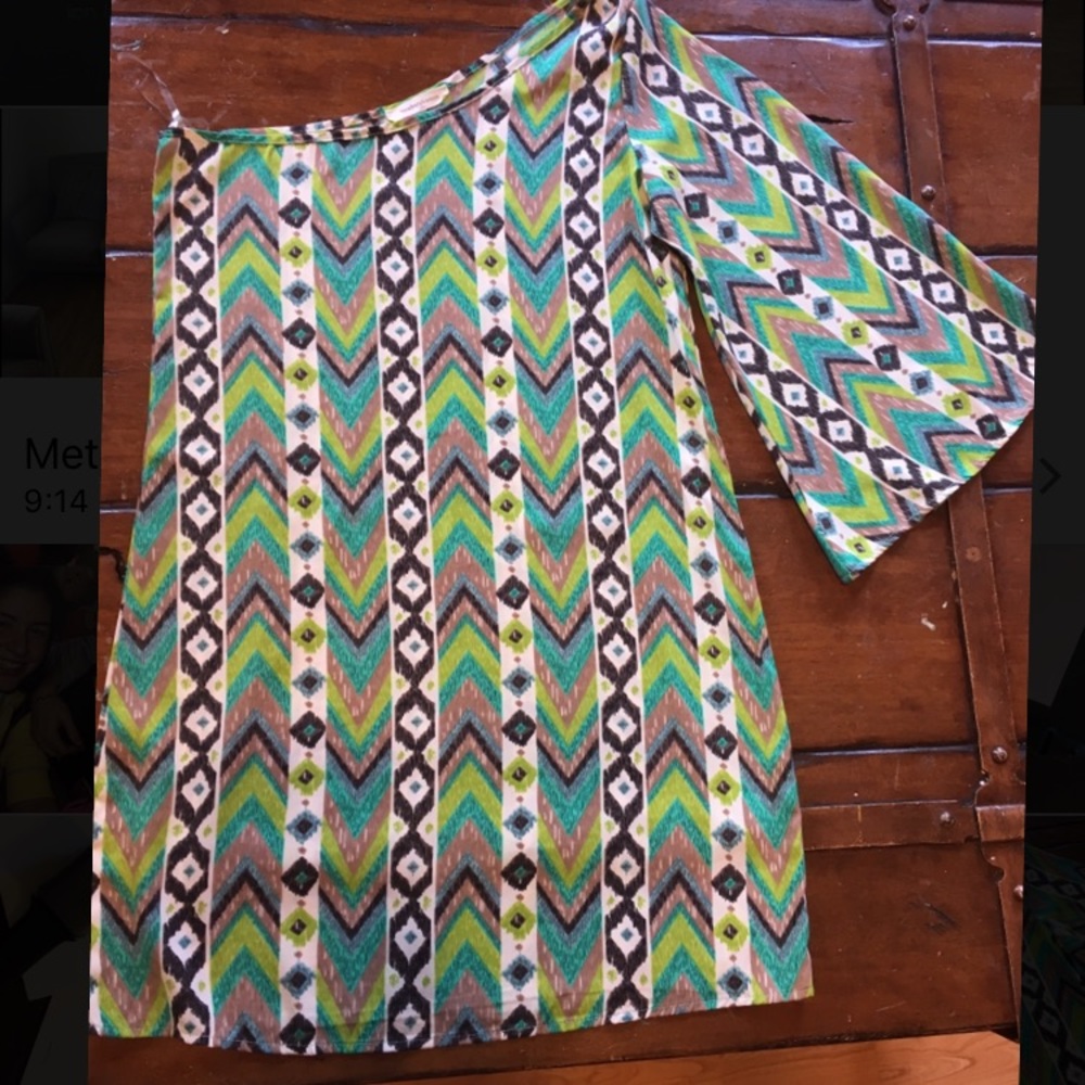 Boutique one shoulder green print dress medium