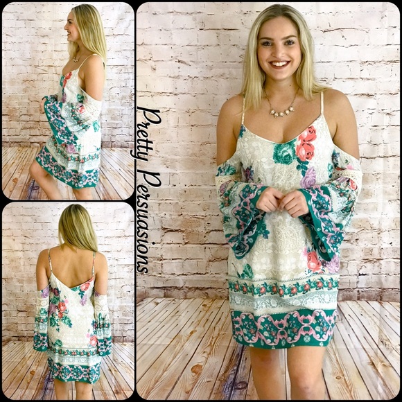 Pretty Persuasions Dresses & Skirts - SALE‼️Floral Print Cold Shoulder Bell Sleeve Dress