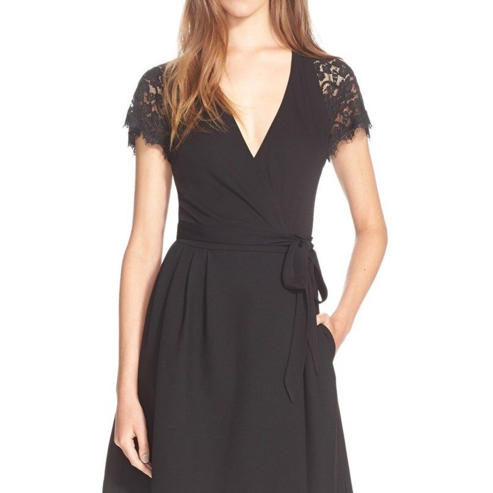 ISO: DVF "Elizabeth" wrap dress lace sleeves sz 12