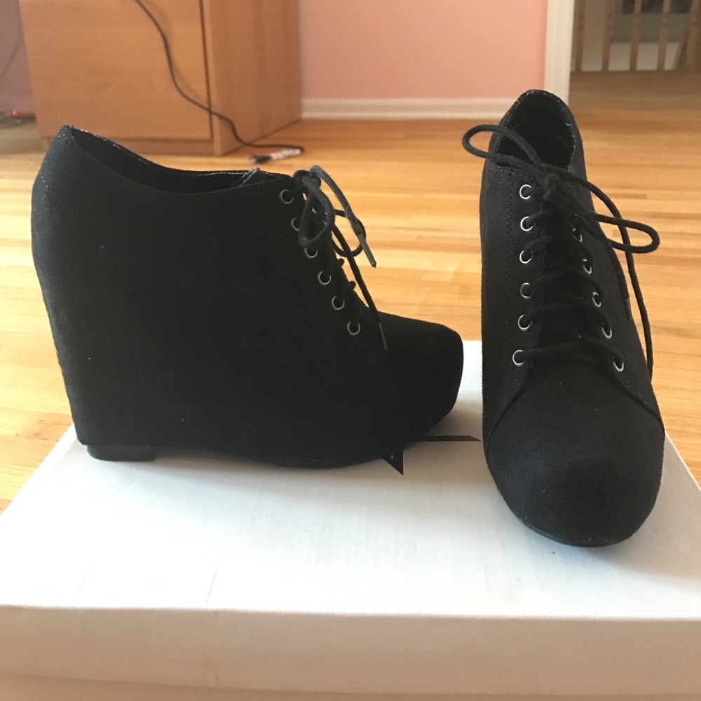 Black suede wedge heel booties