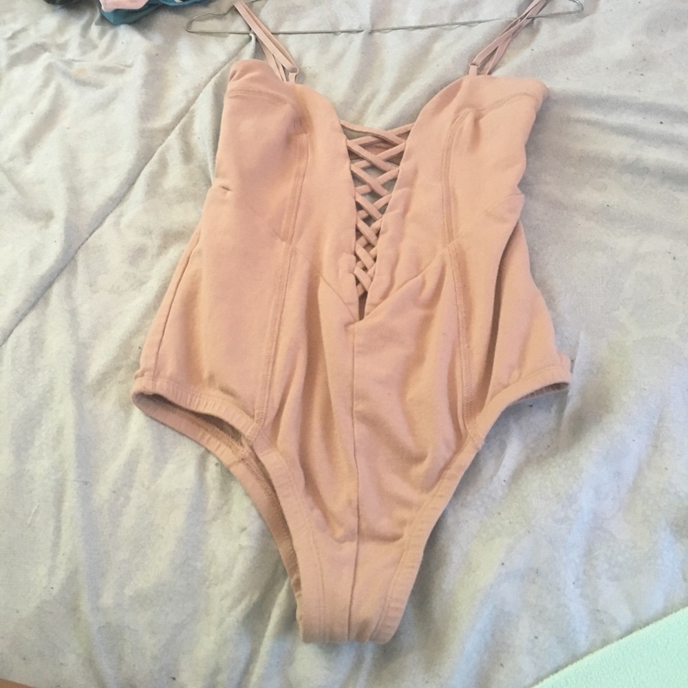 Pink Creme beige nude lace up body suit corset