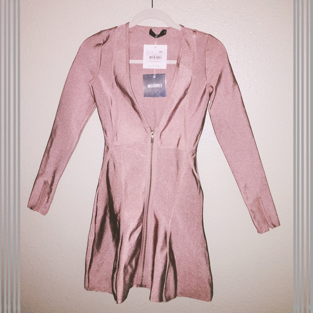 Bandage Long Sleeve Plunge Bodycon Dress