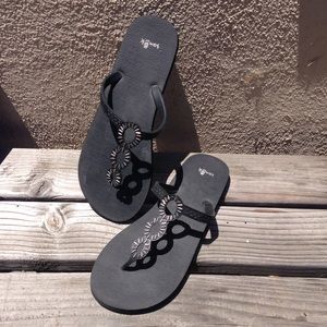 Black Sanuk Sandals with Silver Detail