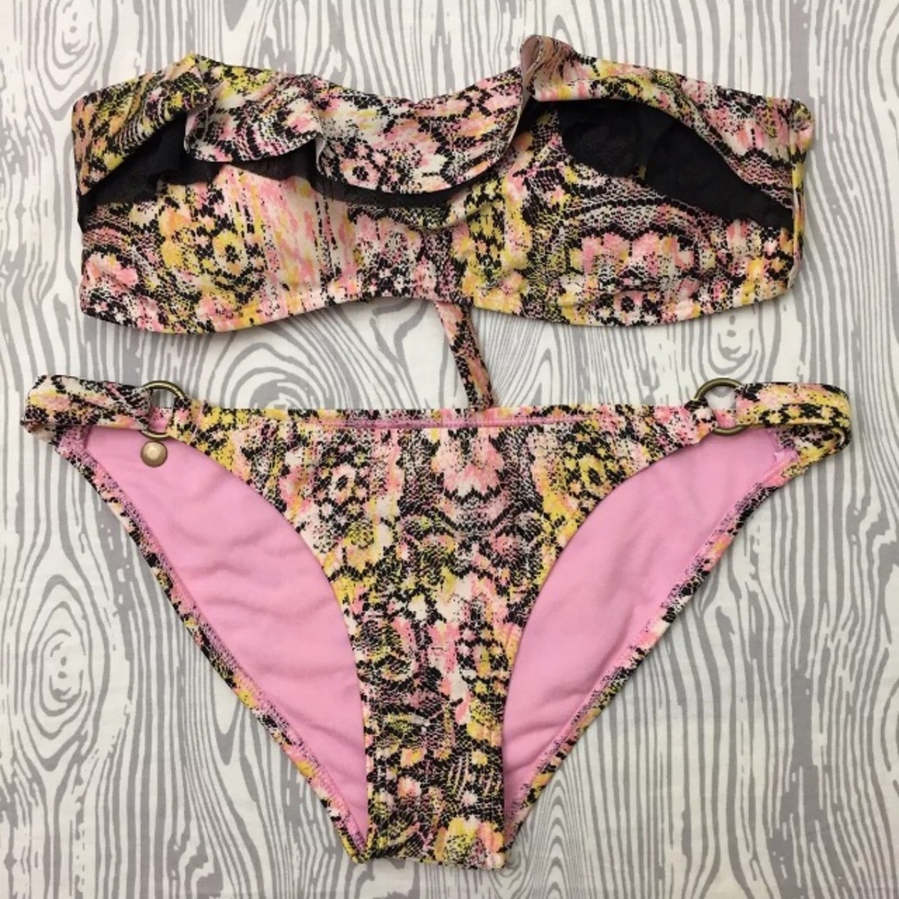 Volcom M snake ruffle bikini bandeau pink yellow