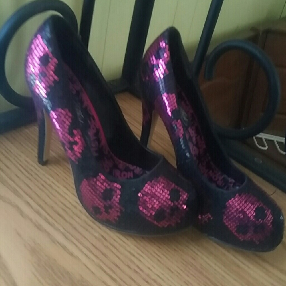 Never been worn Iron Fist skull sequins heels