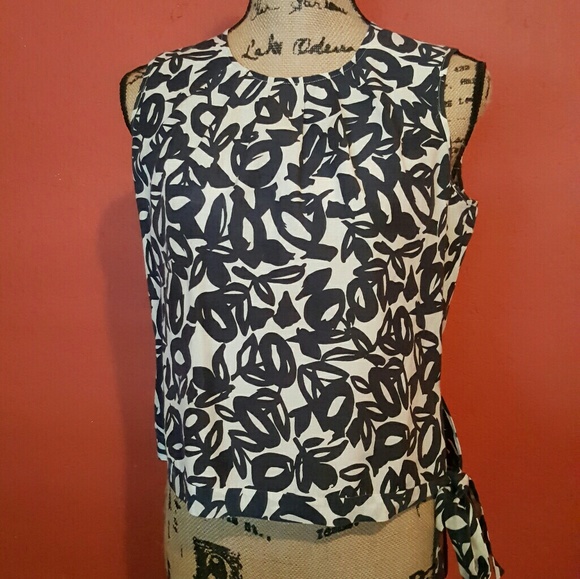 Talbots navy and white print Side-Tie Crepe top - Picture 1 of 4