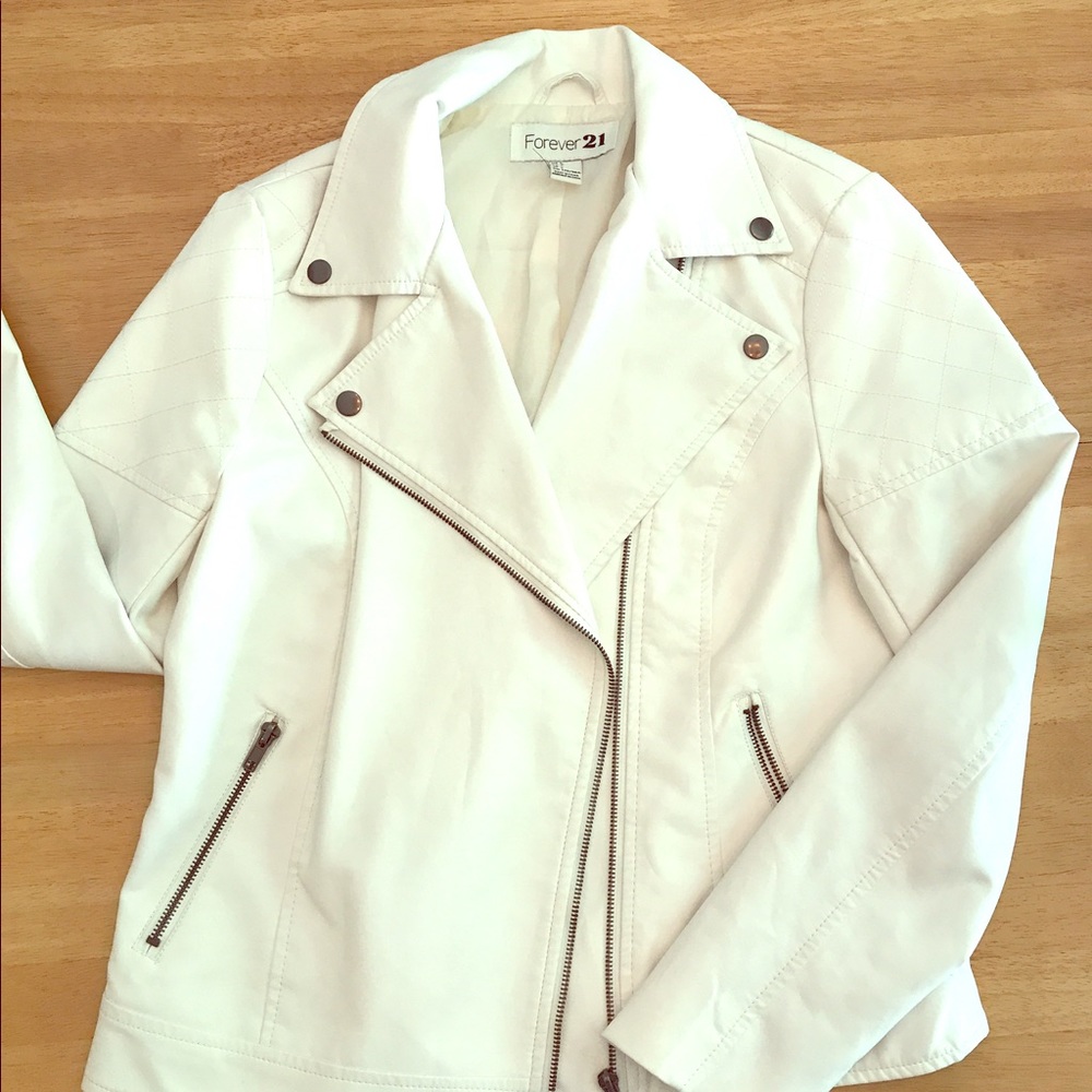 Forever 21 Women's Faux Leather Jacket (Cream)