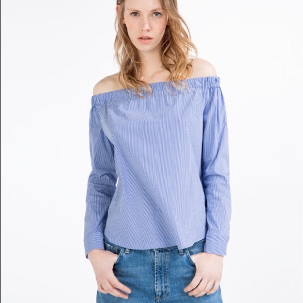 Zara Off The Shoulder Blue White Striped Top