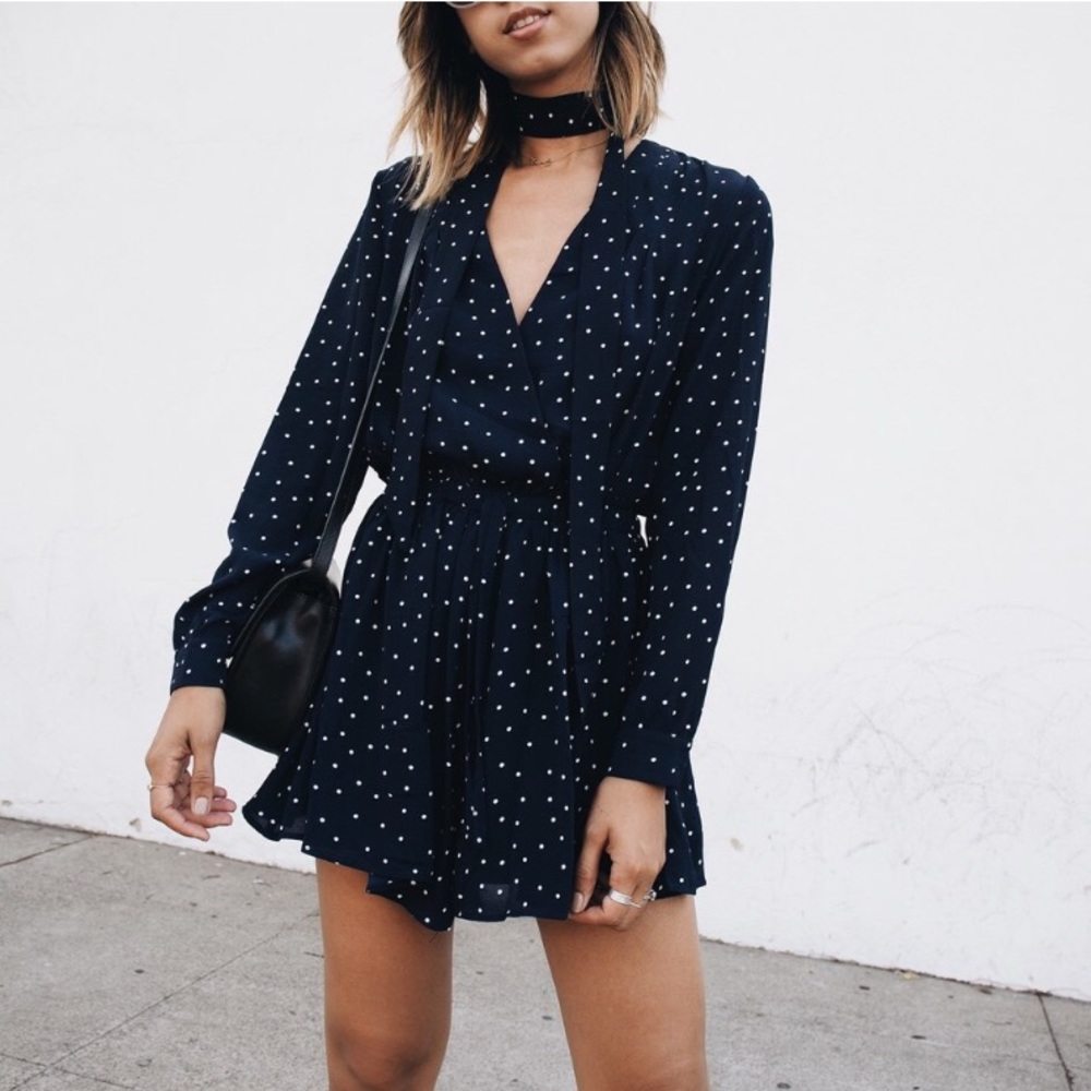 Blue polka dot romper with matching scarf