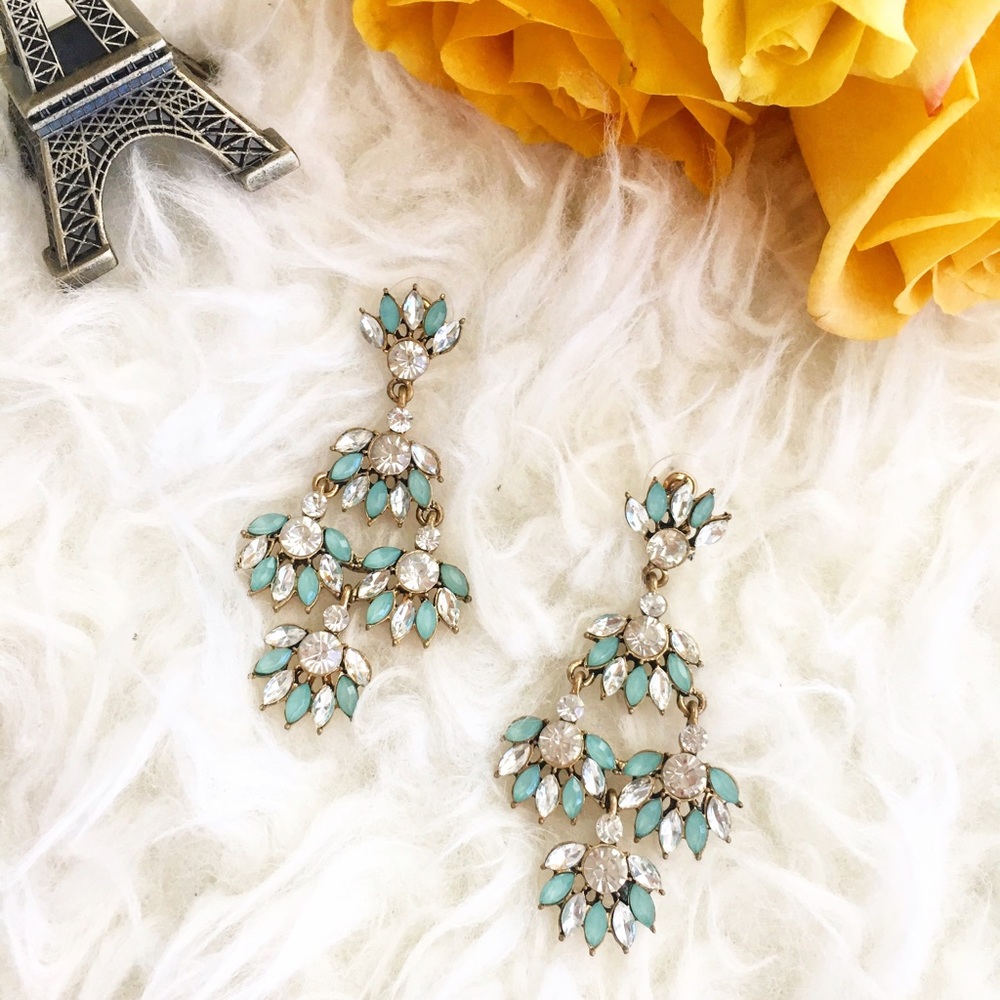 Teal leaf rhinestone statement earrings