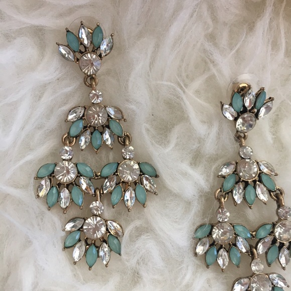 Teal leaf rhinestone statement earrings - Picture 2 of 3