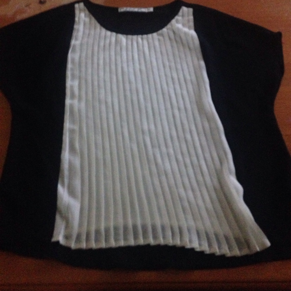 Ivory pleated front/black sleeve blouse