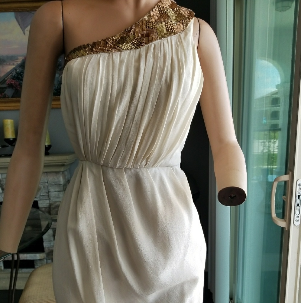 Shoshanna, Greek goddess, one shoulder, 100% silk,