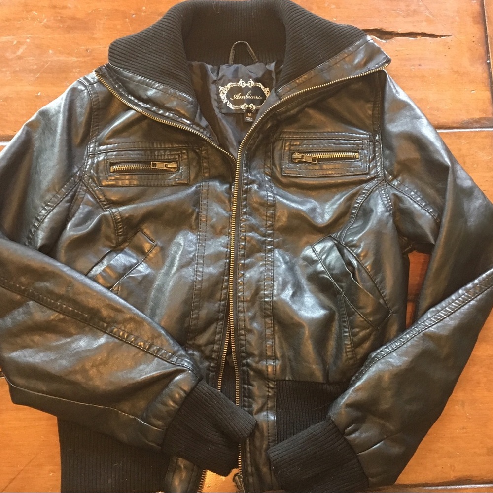 Black faux leather motorcycle style jacket