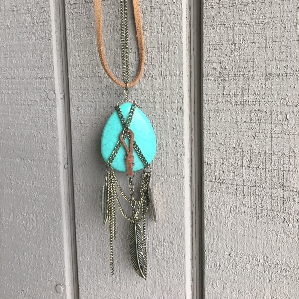 Turquoise Feathers and Suede Necklace