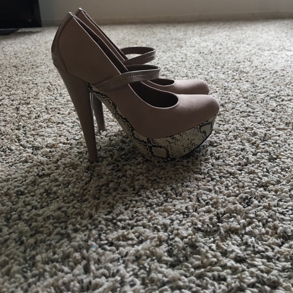 Tan suede snake print heels