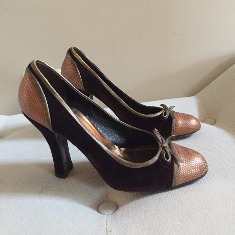 Miu Miu velvet brown & gold pumps