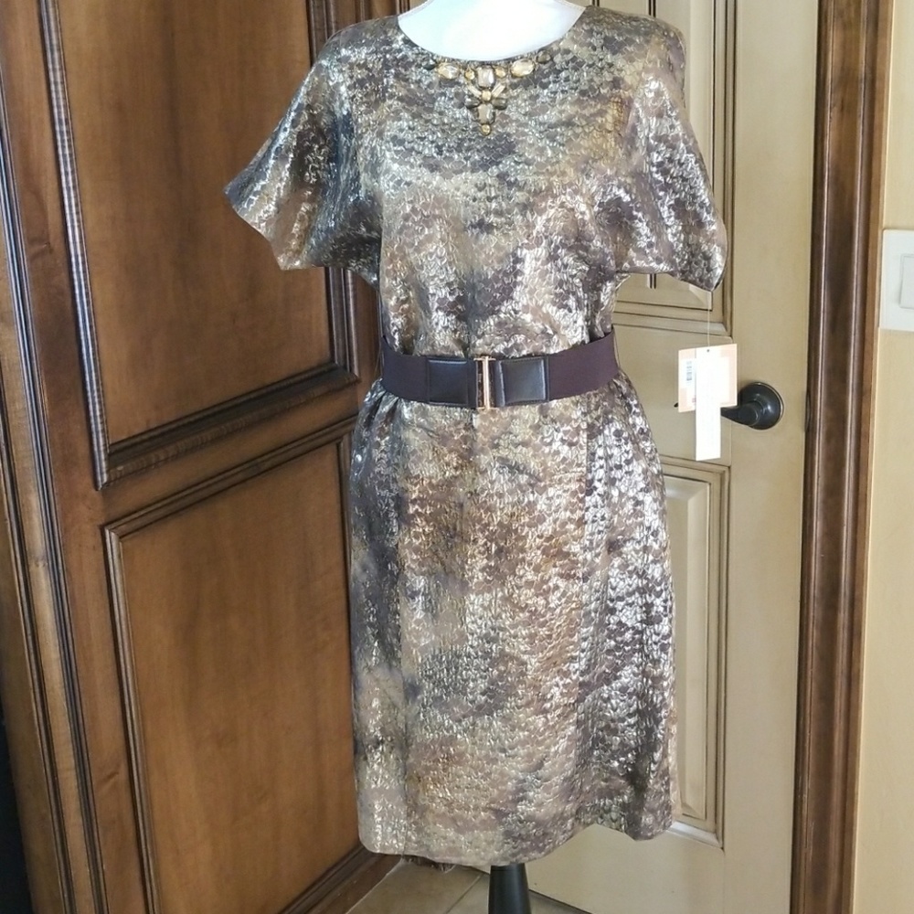Beautiful brown & gold metallic dress w/ belt