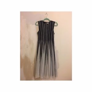 Black and White Pleated Polka Dot Tea Length Dress