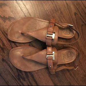 Tory burch brown sandals with gold T