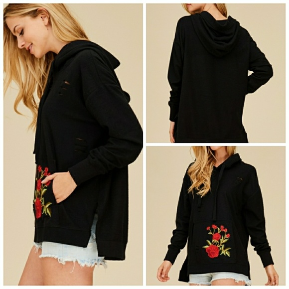 HP PICK x 2 NWT BLACK DISTRESSED ROSE HOODIE - Picture 2 of 4