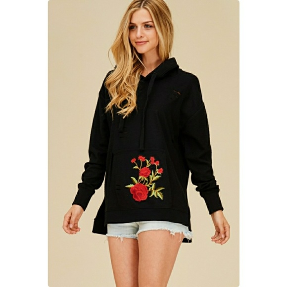 HP PICK x 2 NWT BLACK DISTRESSED ROSE HOODIE - Picture 3 of 4