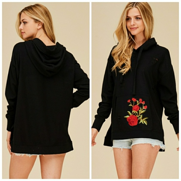 HP PICK x 2 NWT BLACK DISTRESSED ROSE HOODIE - Picture 4 of 4