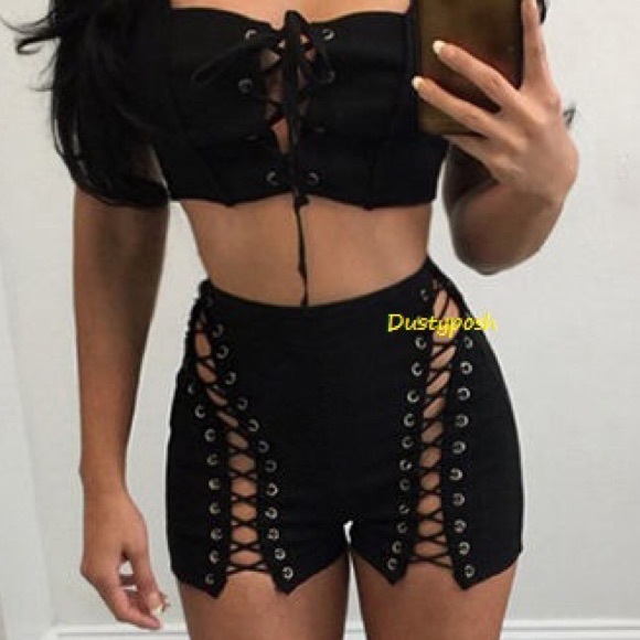 black high waisted lace up shorts