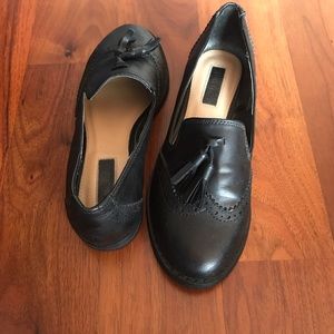 Black faux leather loafers