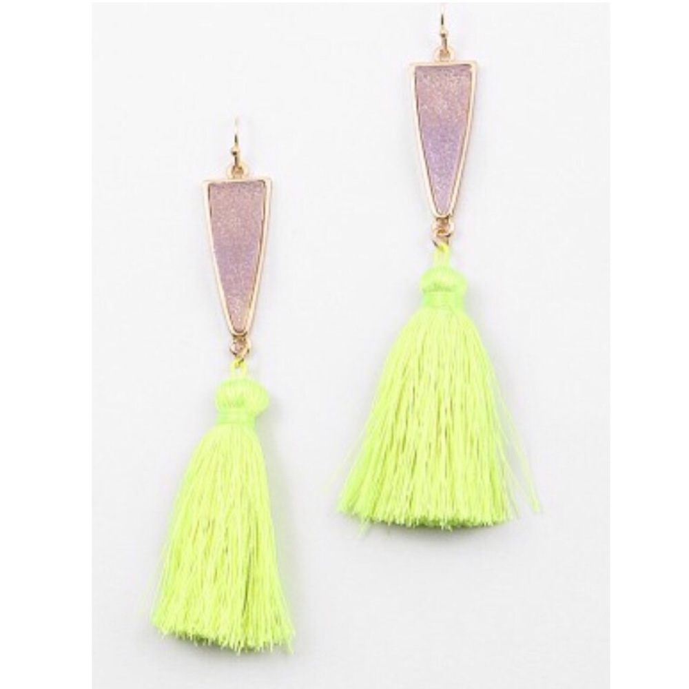 Pink Druzy Earring with Neon Tassel