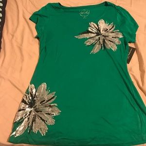 Green shirt with silver and black sequin flowers