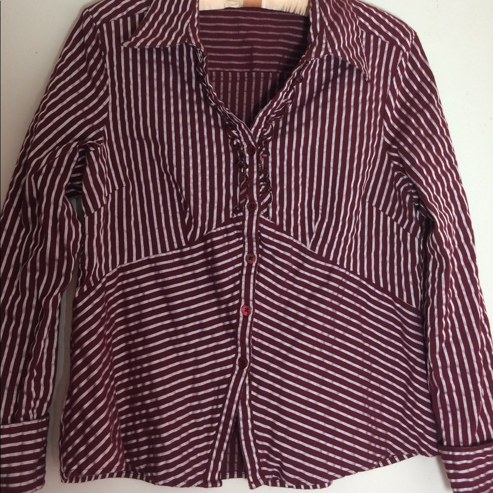 Cato crinkle red silver stripe lace Oxford blouse