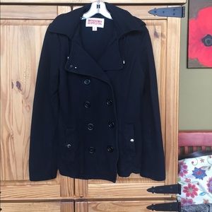 Soft black hooded double breasted cotton jacket
