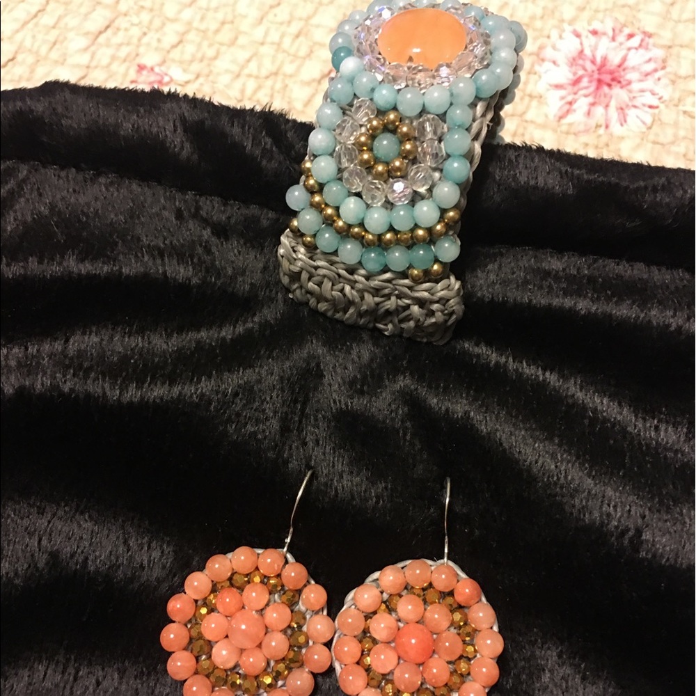 Cuff Turquoise/Orange Beaded on Cuff & Earrings!