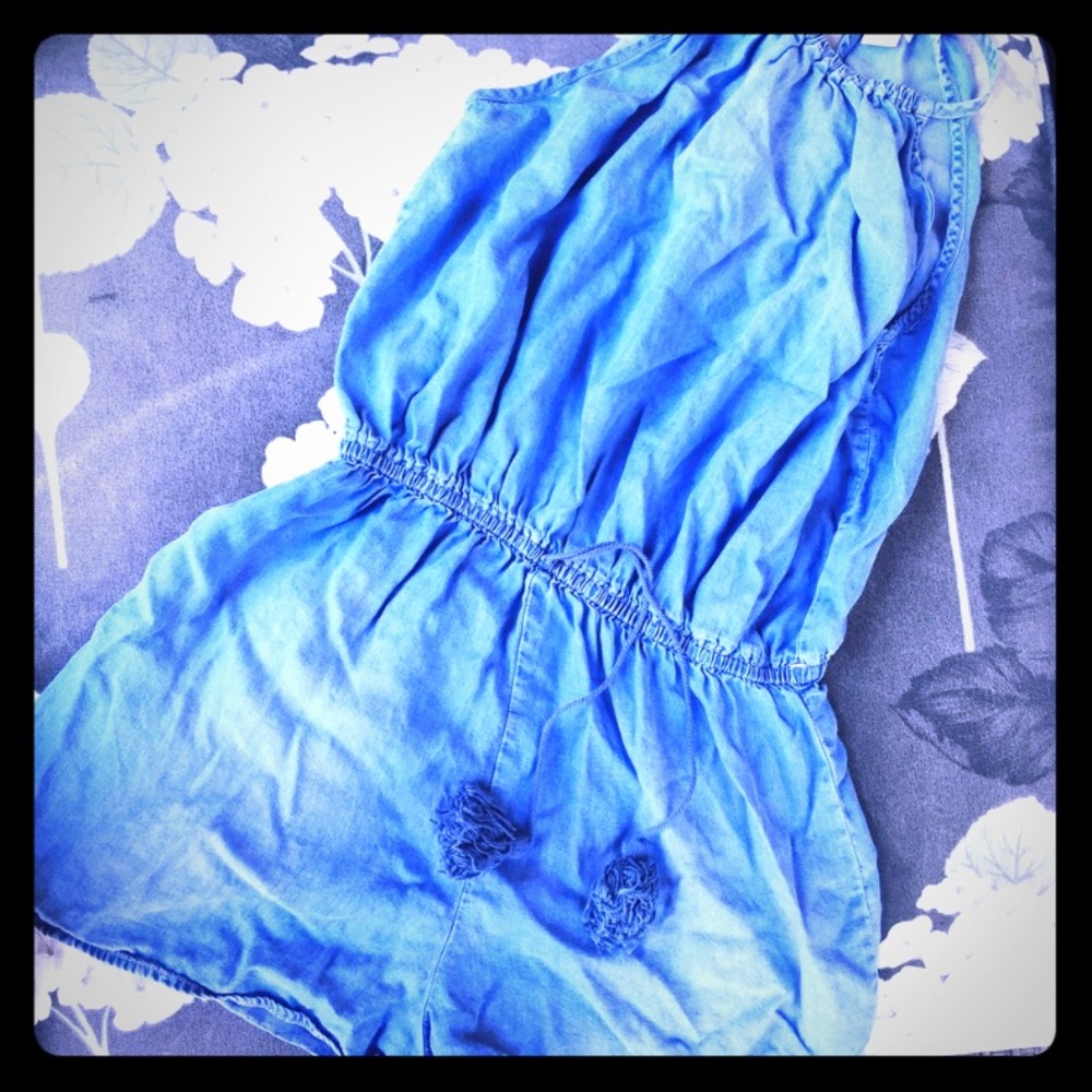 Chambray Romper with pom ties!