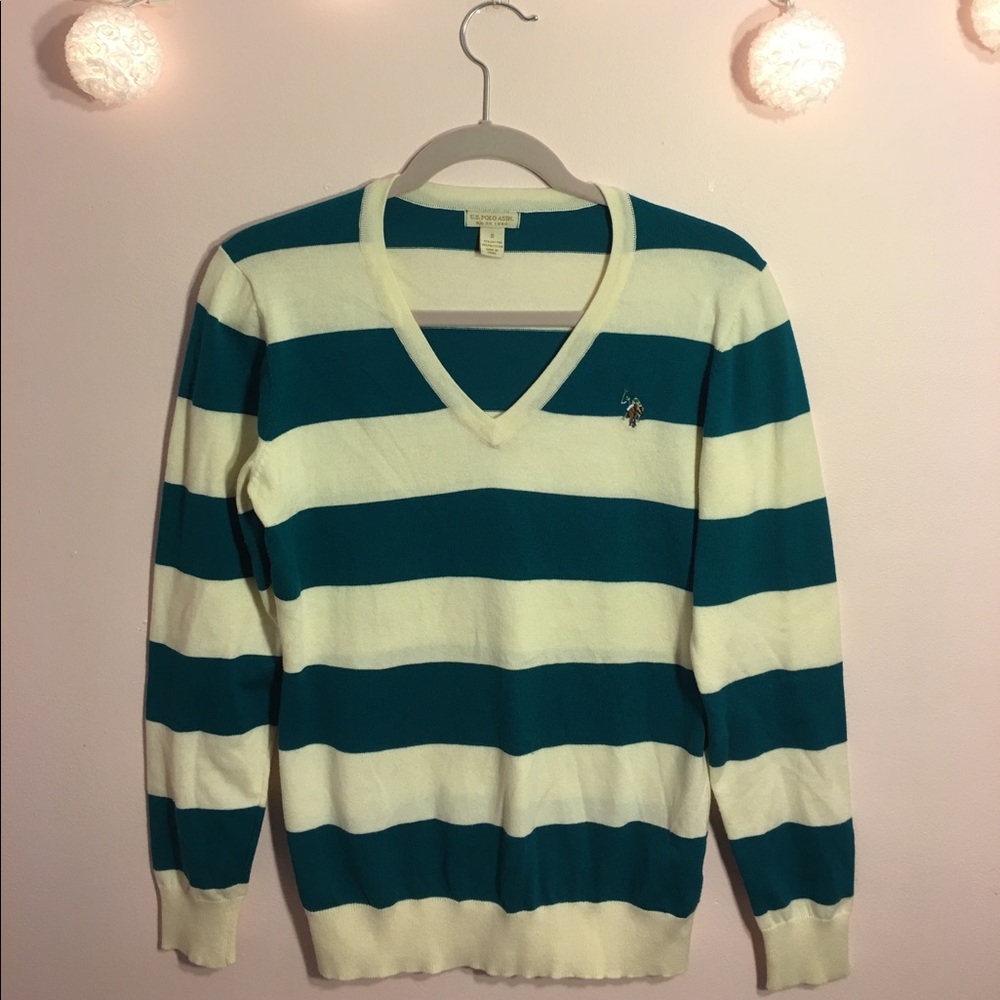 Polo Teal and White Striped V-Neck Sweater