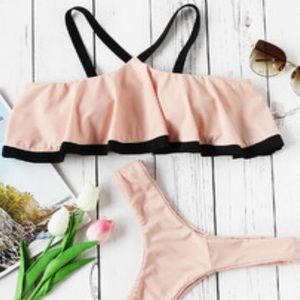 Pink and black off shoulder flowy bikini