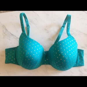 Cacique teal bra with gold polka dots size 42C