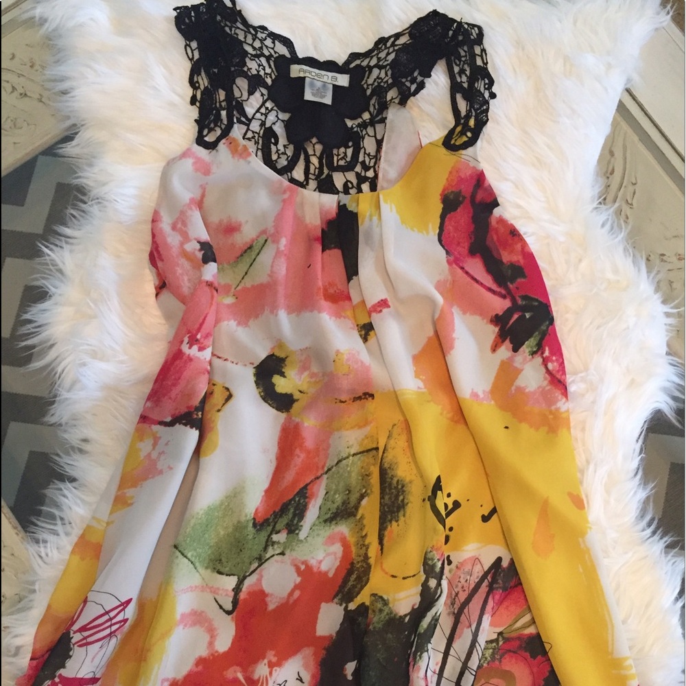 Arden B watercolor, top with black, crochet back.