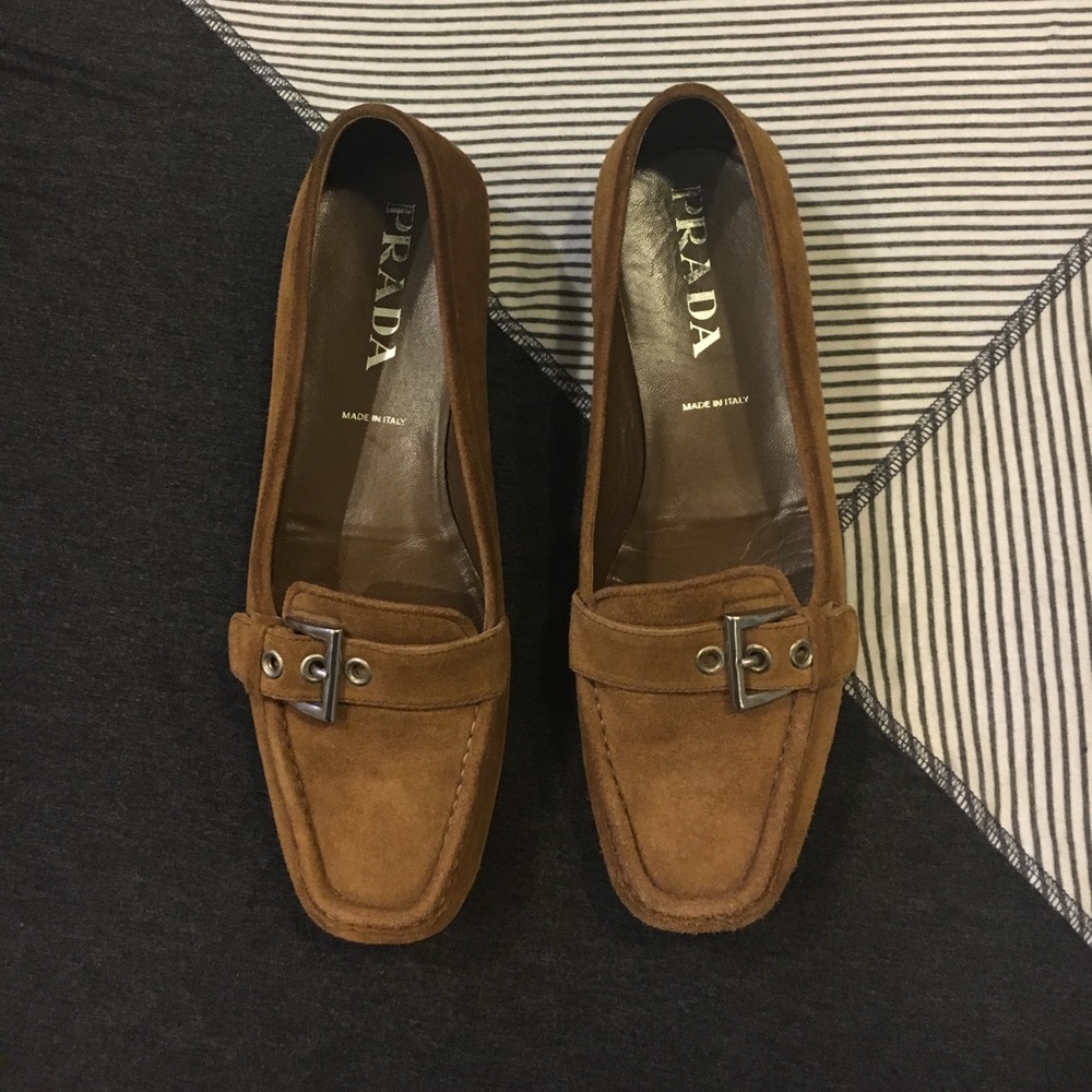 Tan Suede Prada Square-toe Loafers With Dust Bags