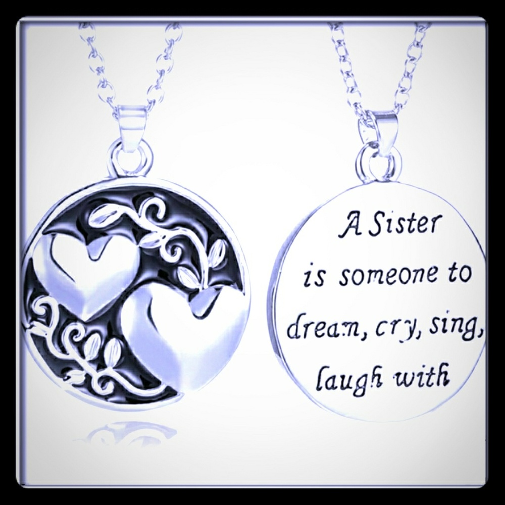 Silver Sister Necklace Love 3d Heart Double Sided Pendant Neckace NWT - Picture 2 of 7