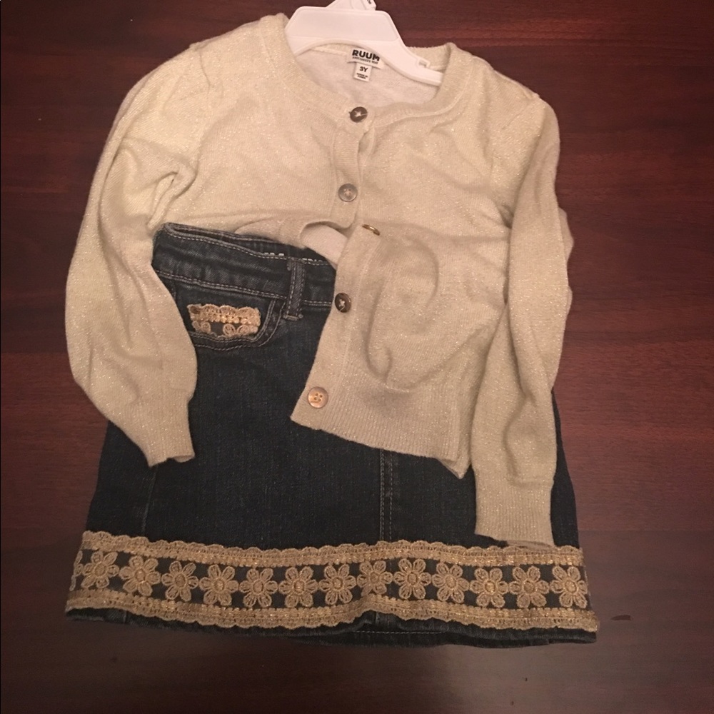 Toddler Sparkle sweater and matching jean skirt