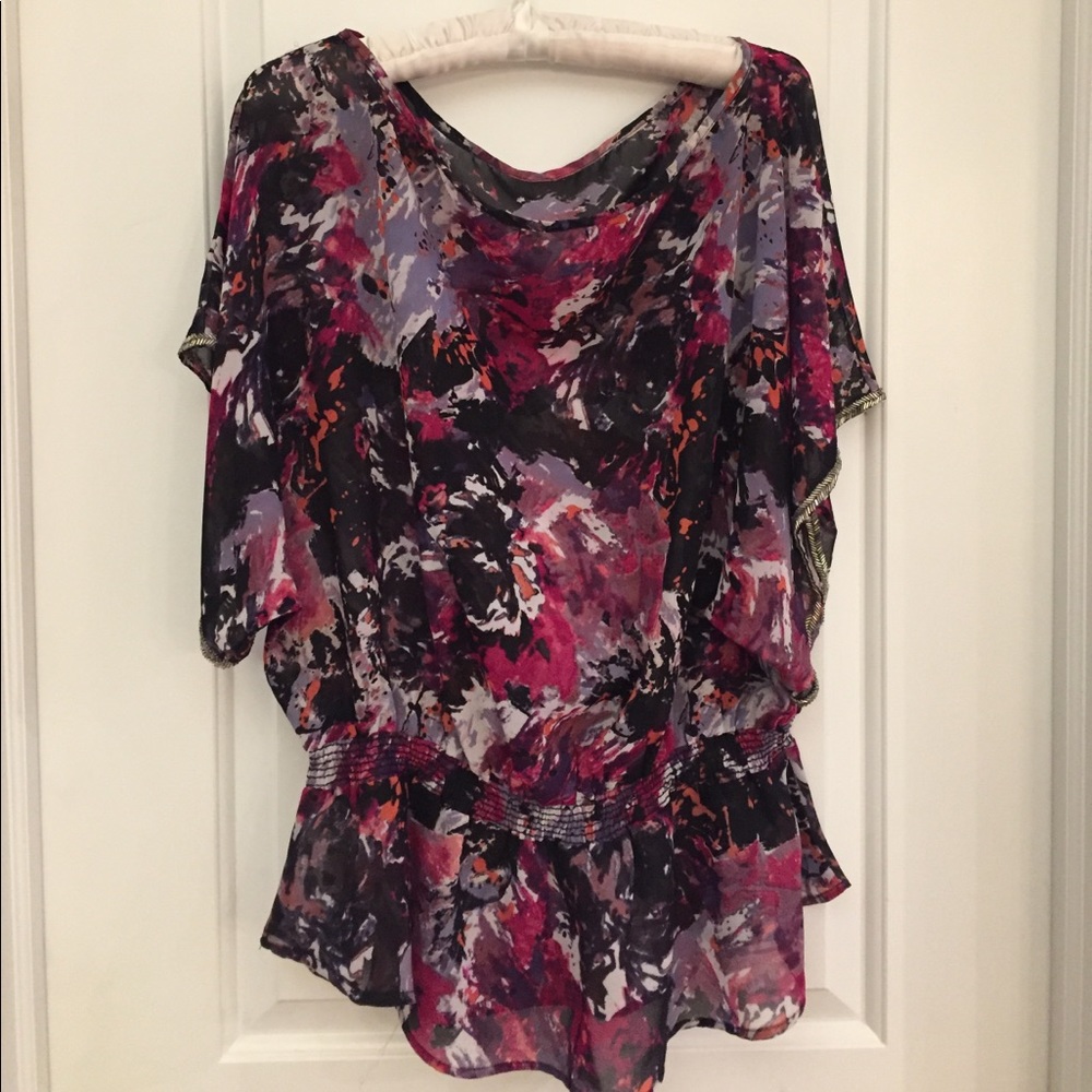 Bar III XL Print Top with Peplum and Beaded Sleeve