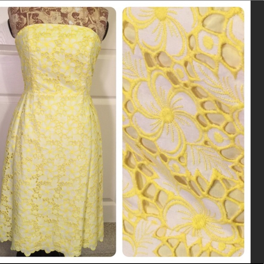 Bright yellow strapless eyelet dress