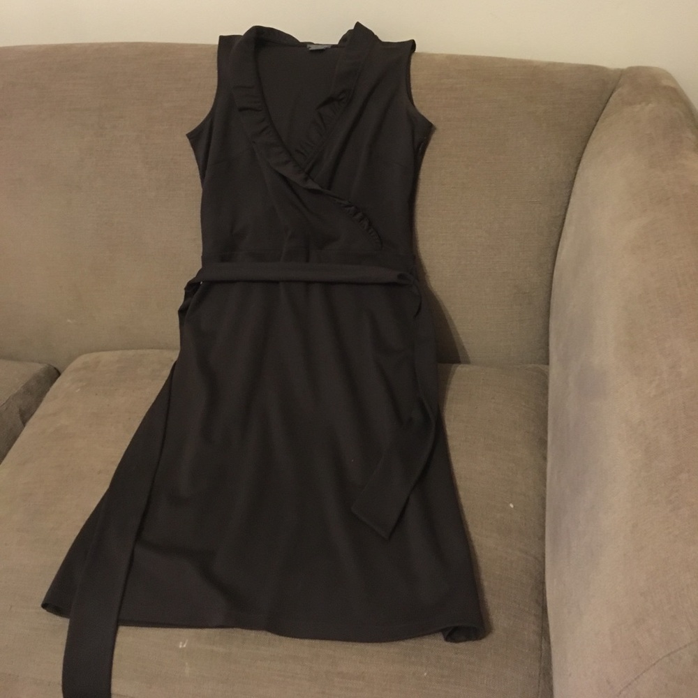 Loft faux wrap brown dress with ruffle around neck