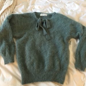 Teal fuzzy bow tie sweater