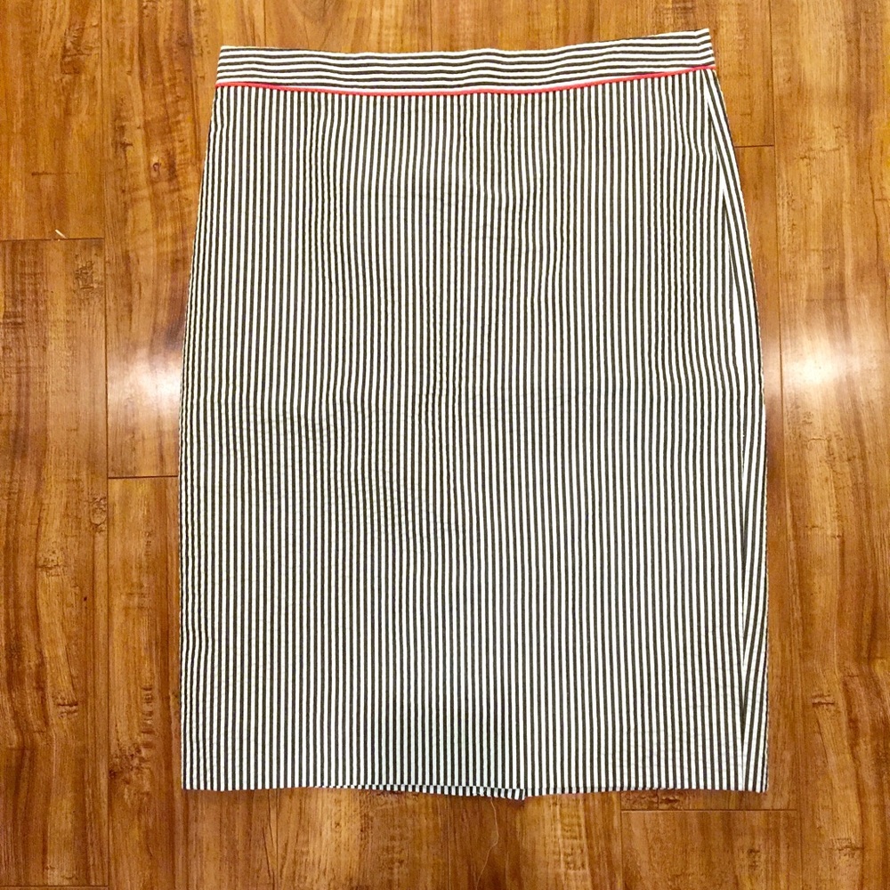 J. Crew Navy and White Striped pencil skirt.