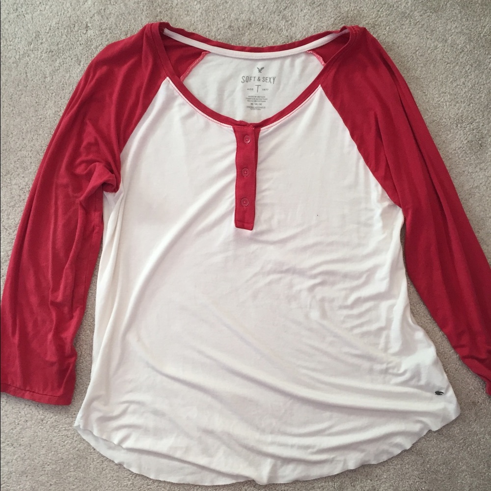 Red and white baseball tee