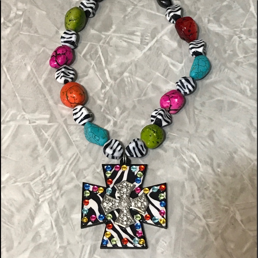 Zebra Rhinestone Cross Necklace