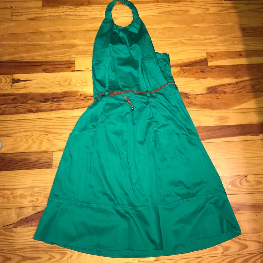 Green Calvin Klein dress with brown belt